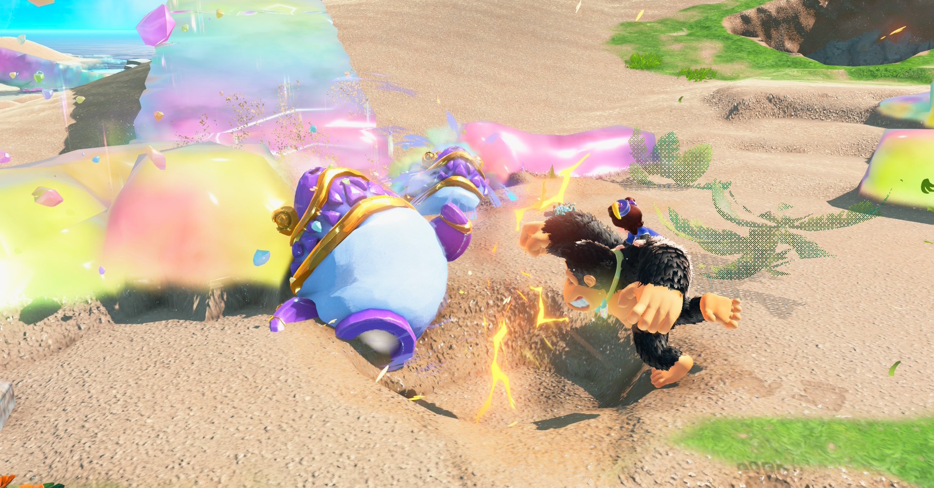 DK punching a rainbow shark in Donkey Kong Bananza