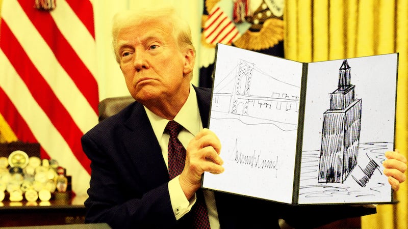 Donald Trump holding up drawings he did allegedly of buildings