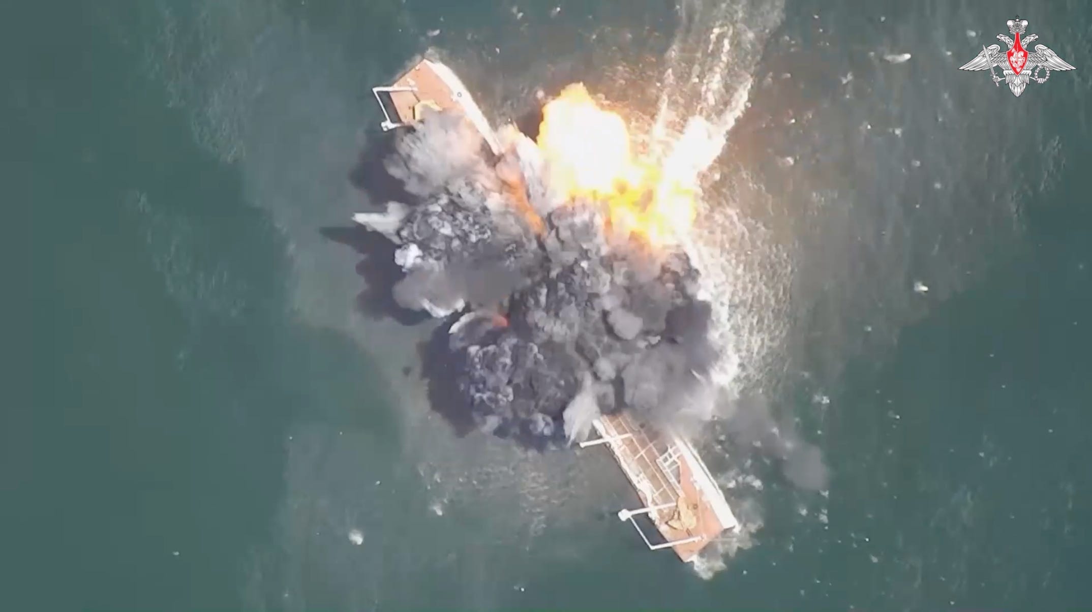 A Russian naval drone strikes a mock target during a series of exercises in July 2025.