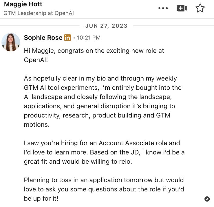 A LinkedIn DM from Sophie Rose to Maggie Hott congratulating her on her role and letting her know she was applying for a role on her team
