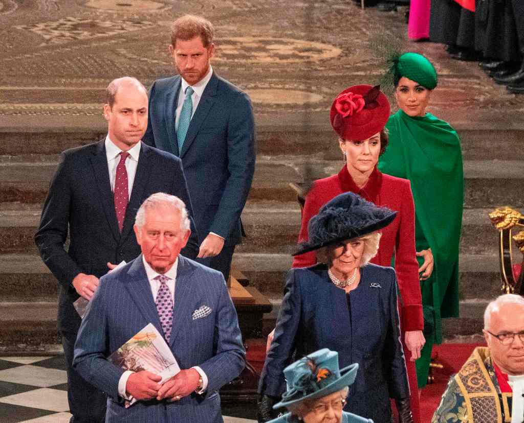 Prince Harry, Prince William, Meghan Markle, Kate Middleton, King Charles III and Queen Camilla in 2020. 