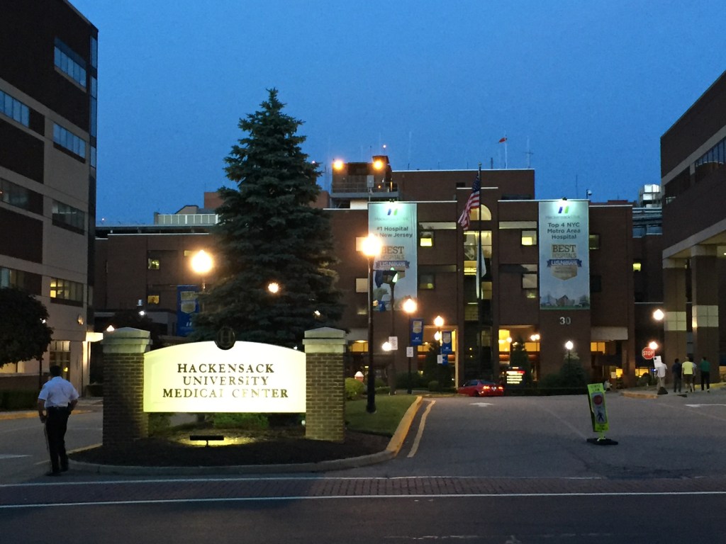 Hackensack University Medical Center entrance at night.