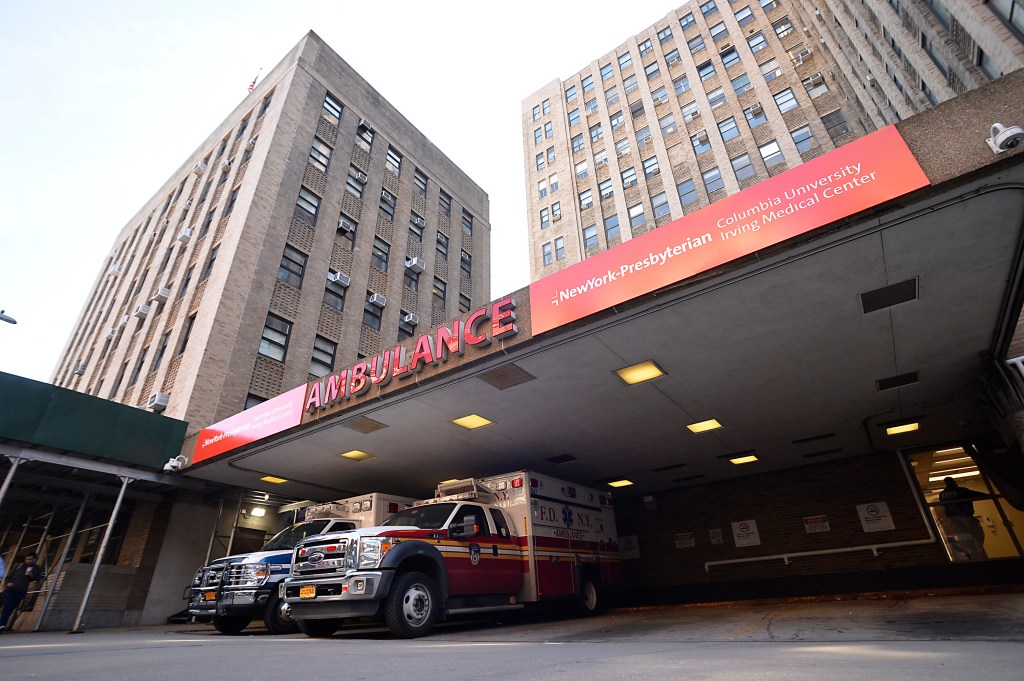 Ambulances parked at NewYork-Presbyterian Hospital.