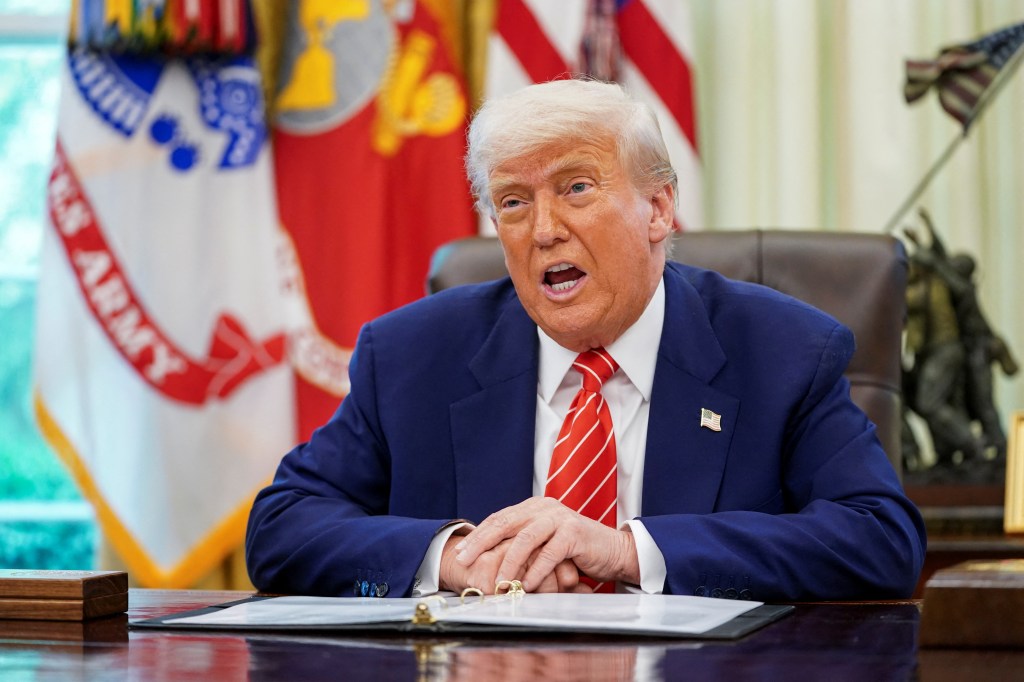 President Trump speaking at a White House press conference.