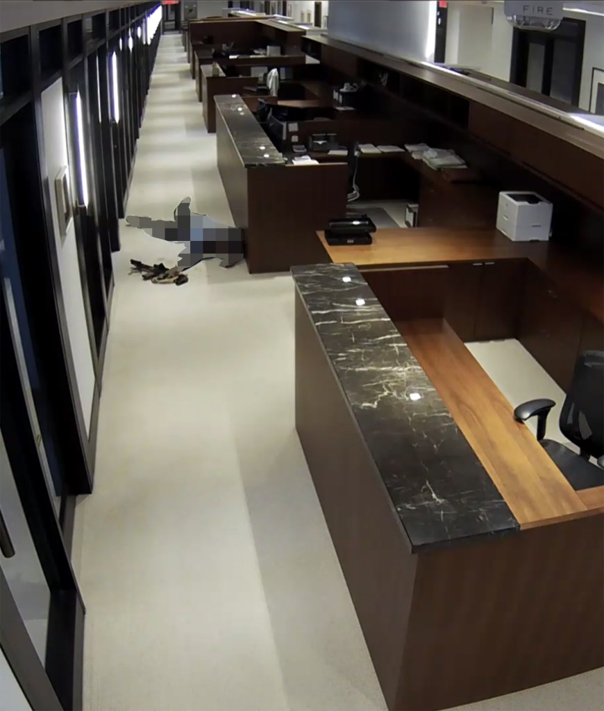 Tamura is seen dead on the floor in surveillance video after Monday's mass shooting.  