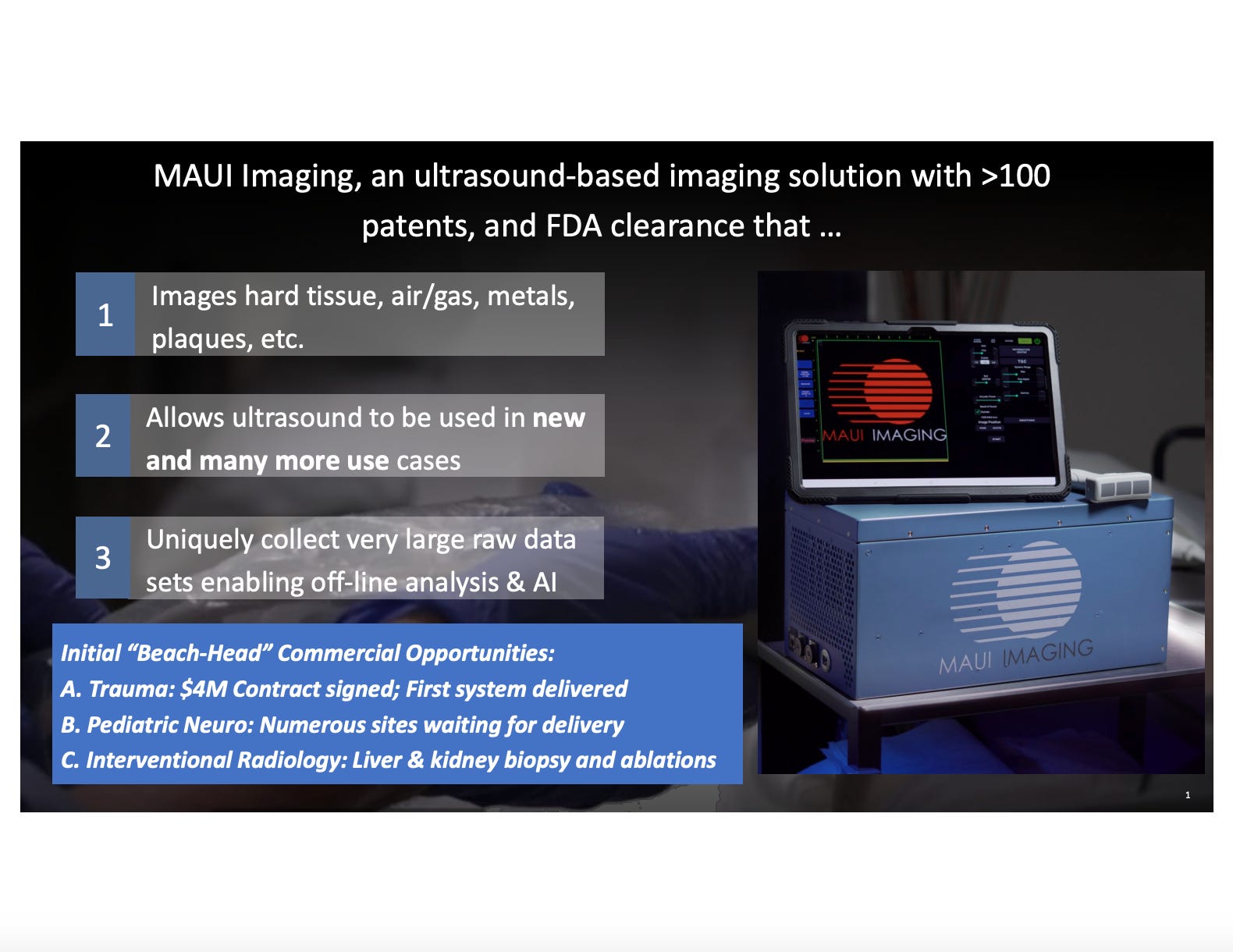 MAUI Imaging, an ultrasound-based imaging solution with >100 patents, and FDA clearance that …”><figcaption>
<p class=