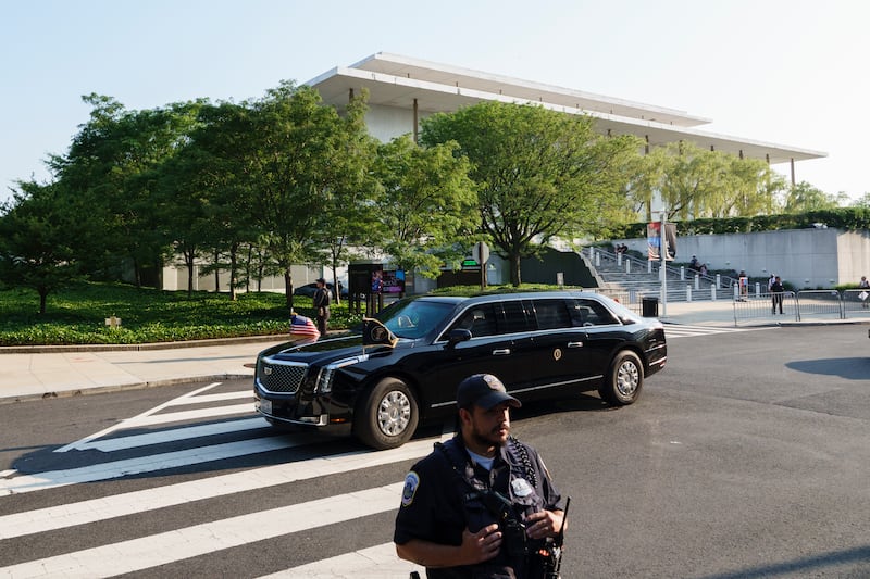 WASHINGTON, DC - JUNE 11: U.S. President Donald Trump and First Lady Melania Trump arrive at the Kennedy Center in the presidential limousine, also called 'The Beast,' for the opening performance of Les Misérables at the theater on June 11, 2025 in Washington, DC. (Photo by Kevin Carter/Getty Images)