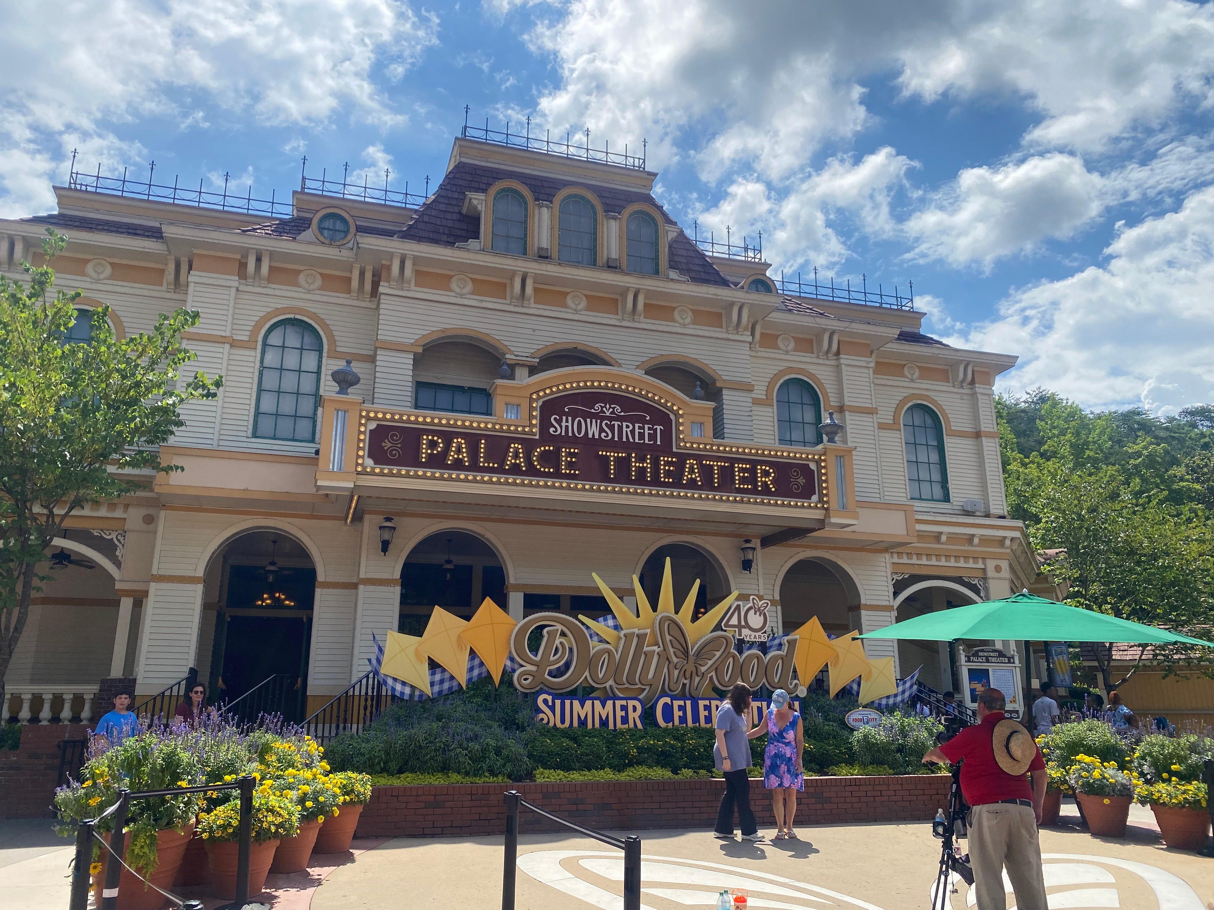 the front entrance to Dollywood with the Palace Theater