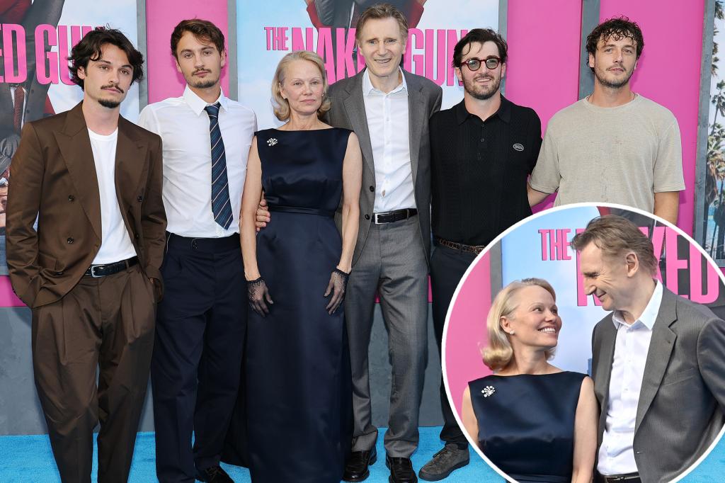 Pamela Anderson and Liam Neeson pose with sons at ‘Naked Gun’ premiere after sparking dating rumors