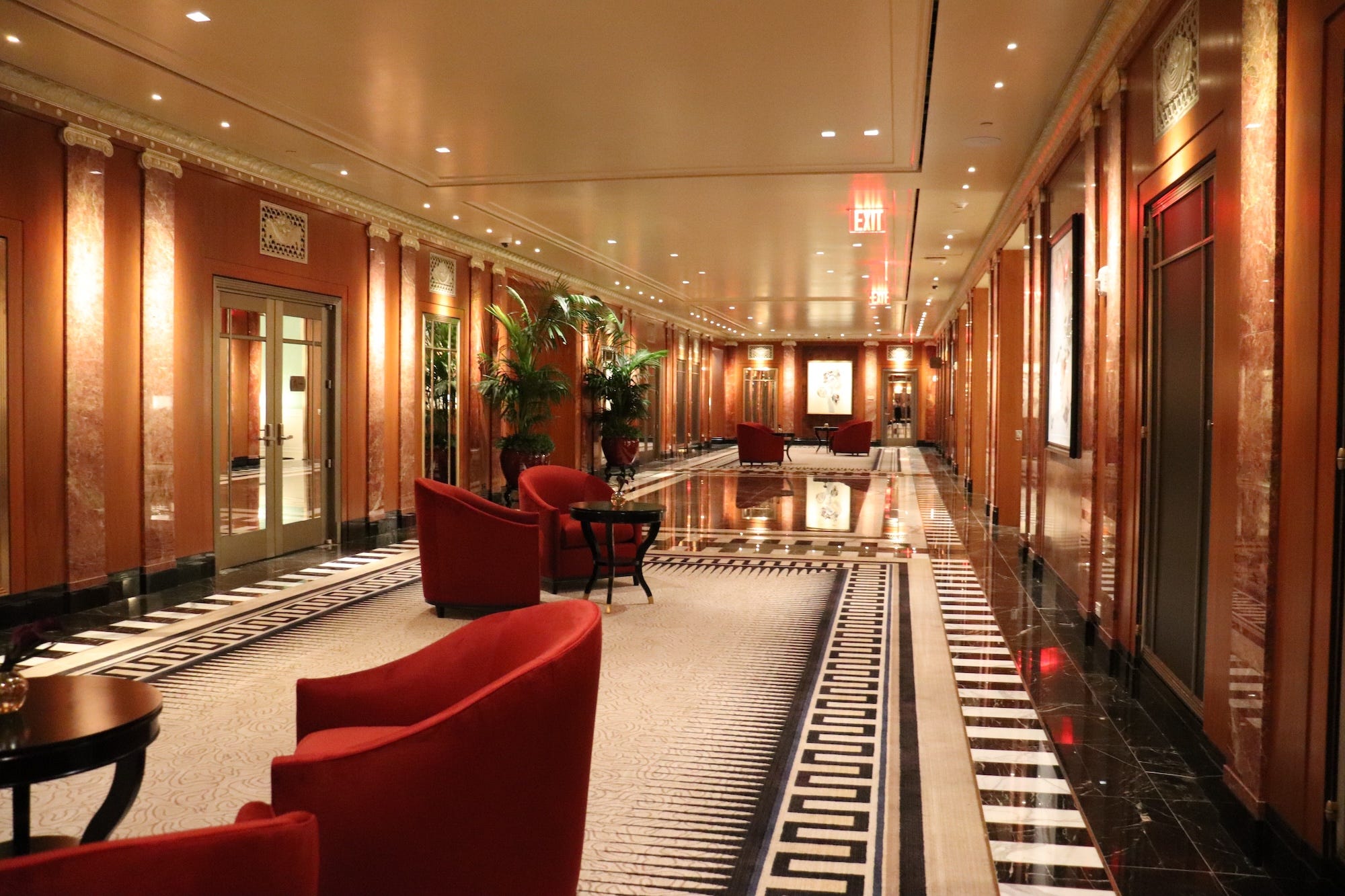 A sitting area in the renovated lobby of the Waldorf Astoria New York.