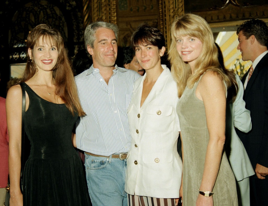 Photo of Jeffrey Epstein with Ghislaine Maxwell and two other women at a party.