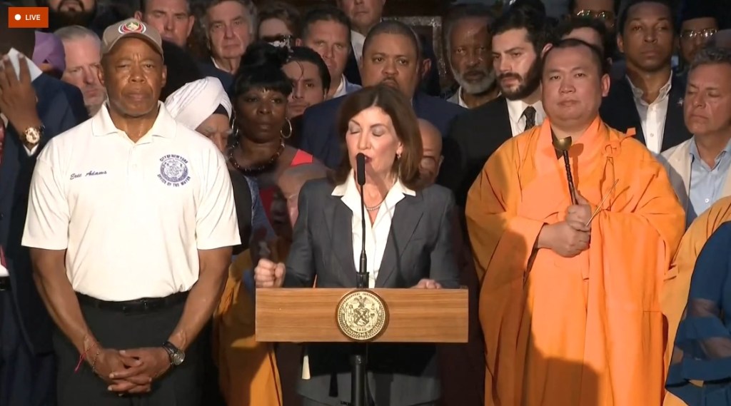 Mayor Eric Adams and Governor Kathy Hochul at a multifaith prayer vigil.