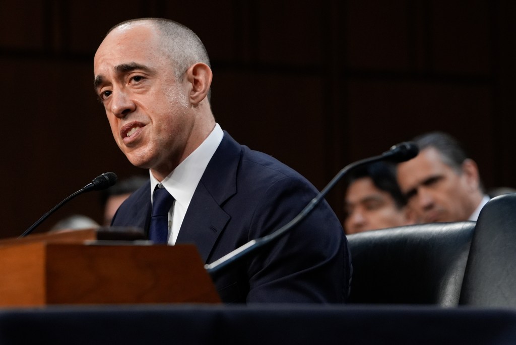 Emil Bove testifying at a Senate Judiciary hearing.