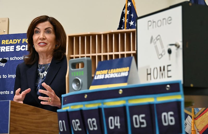 Gov. Kathy Hochul holds a news conference following a roundtable on implementing distraction-free schools with New York State United Teachers President Melinda Person and capital region school district leaders on Monday, July 21, 2025, during a news conference at NYSUT Headquarters in Colonie, N.Y. (Will Waldron/Albany Times Union via Getty Images)
