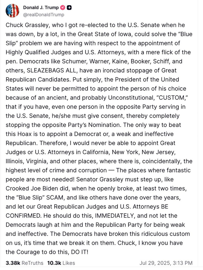 Screenshot of a Truth Social post by Donald J. Trump about Chuck Grassley and judicial appointments.