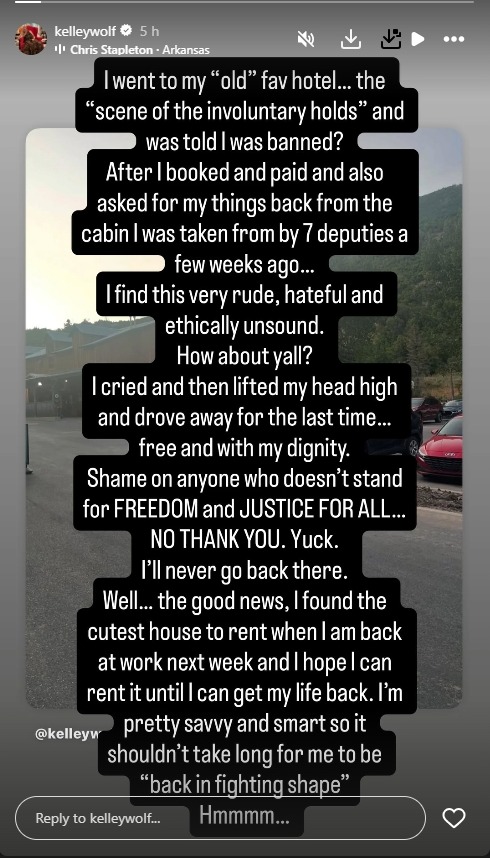 Kelley Wolf's Instagram Story claiming she was banned from a hotel.