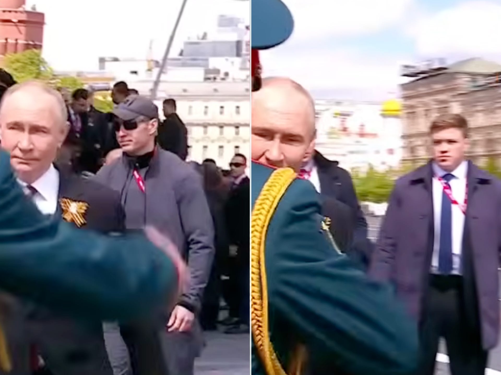 Two photos show members of Putin's security detail watching the Russian leader.