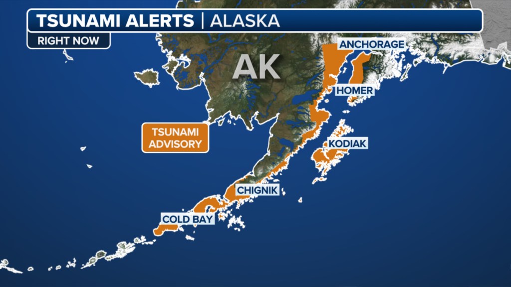 Alaska tsunami advisory map showing affected areas.