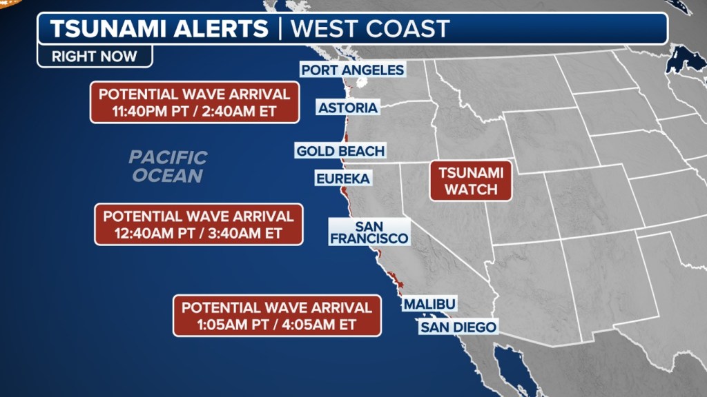 Map of West Coast tsunami watch, showing potential wave arrival times.