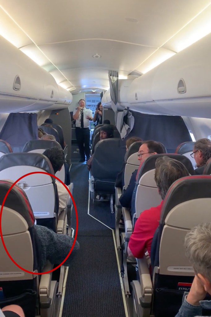 Screenshot of an airplane cabin with passengers seated and two flight attendants talking near the front.