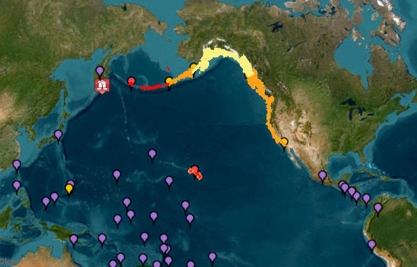 This image courtesy of the National Oceanic and Atmospheric Administration's (NOAA) Tsunami Warning System shows tsunami warnings (red), advisories (orange) watches (yellow) and threats (purple) after an 8.7 earthquake hit off of Russia's far east on July 30, 2025. 