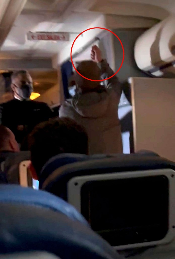 Still image of a man assaulting a flight attendant on an airplane.
