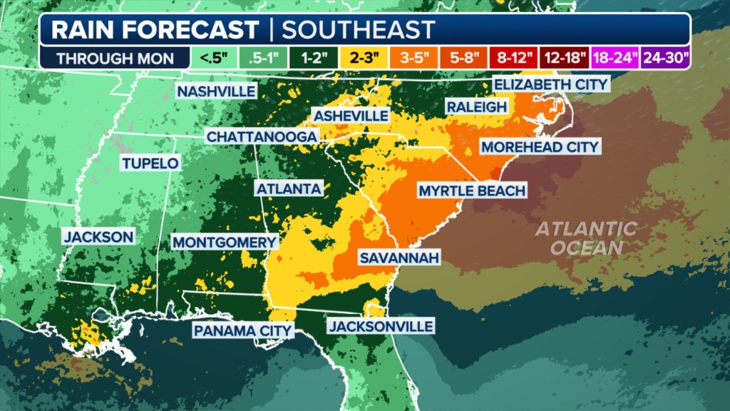 Southeast rainfall forecast map.