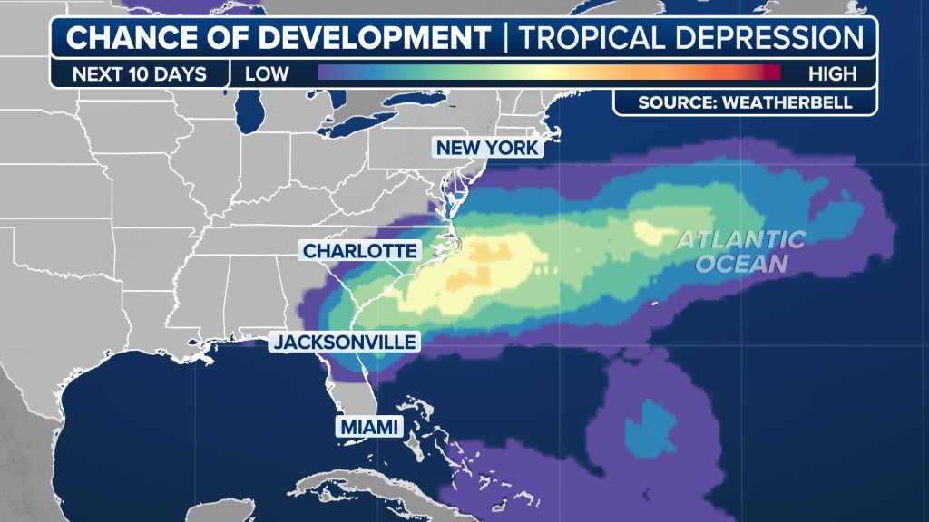 Map showing the chance of tropical depression development over the next 10 days along the Southeast coast.