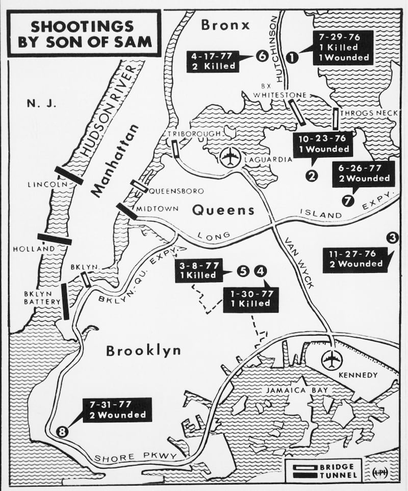 A map of New York City shows the location of the "Son of Sam" murders of 1976 and 1977.