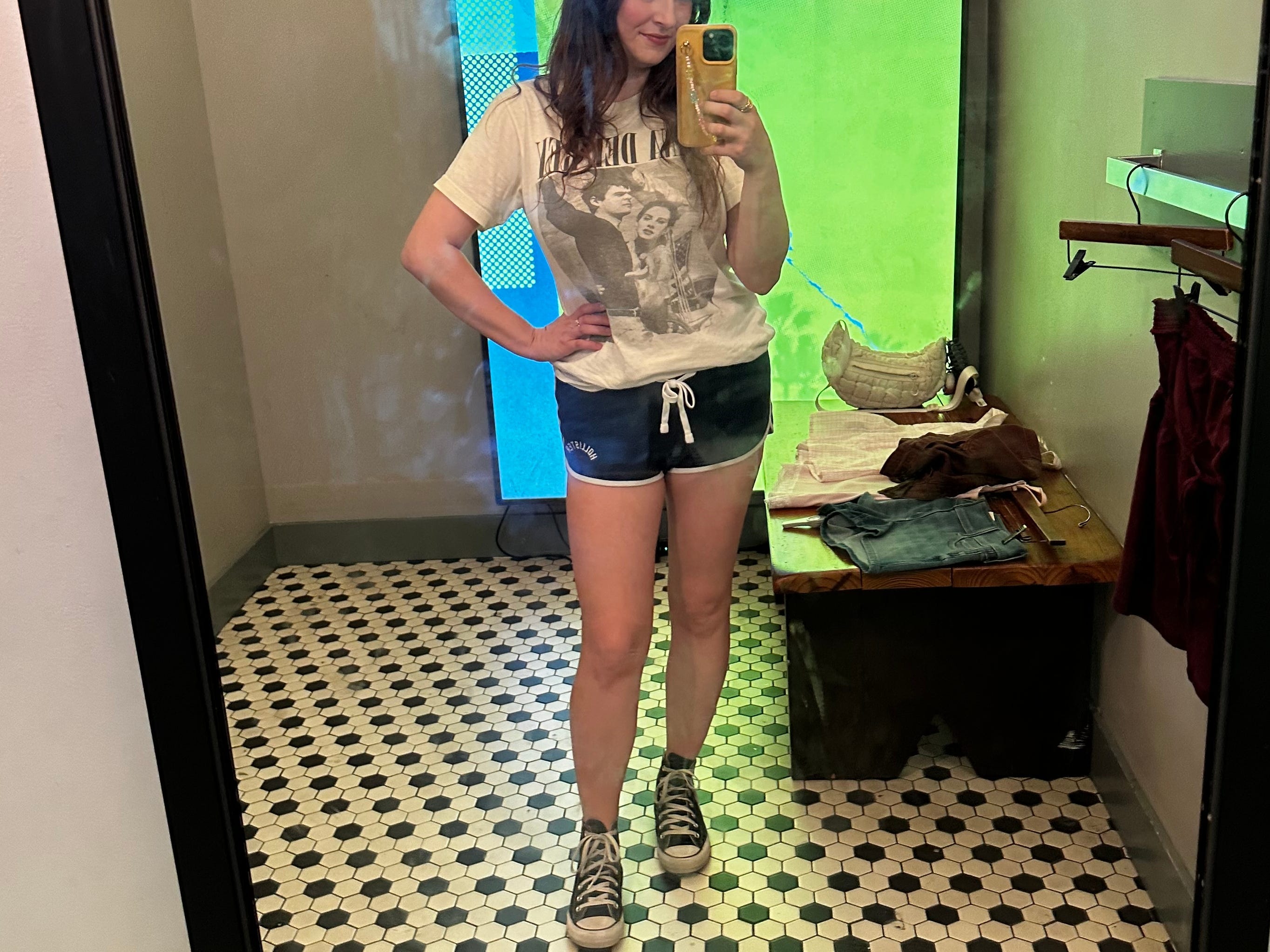 Reporter Amanda Krause tries on shorts from Hollister's Y2K collection.