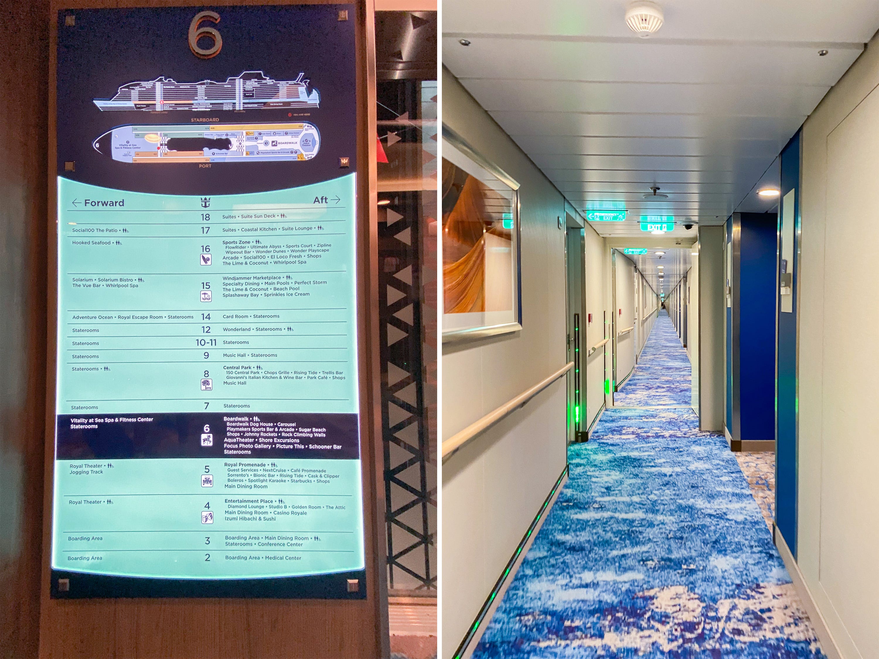 A composite image of a map of the ship and a long hallway