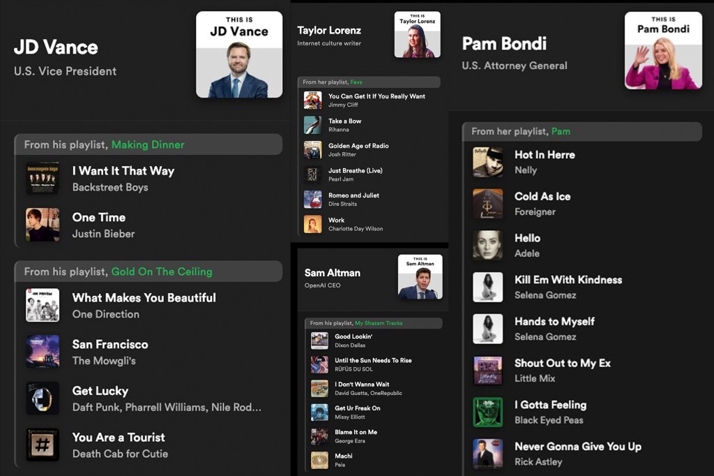 Illustration of Spotify playlists for JD Vance, Taylor Lorenz, Pam Bondi, and Sam Altman.