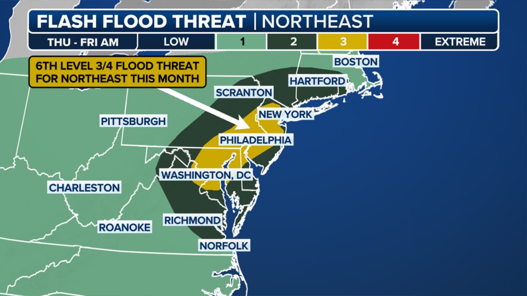 Map highlighting flash flood threat level in the Northeast.