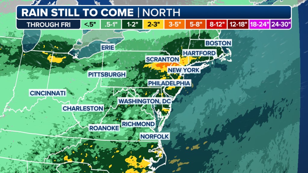 Northeast US rainfall forecast map showing expected accumulation through Friday.