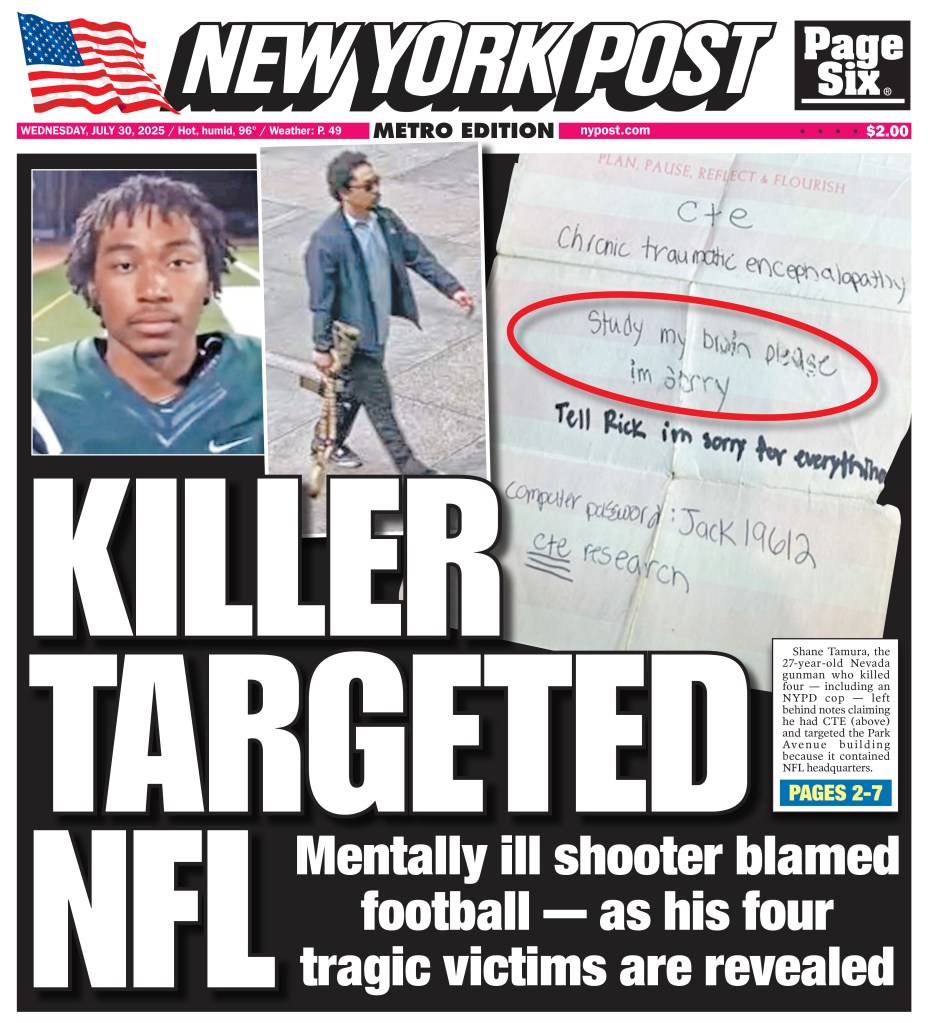 New York Post front page: Mentally ill shooter blamed football for killing four, including an NYPD cop.