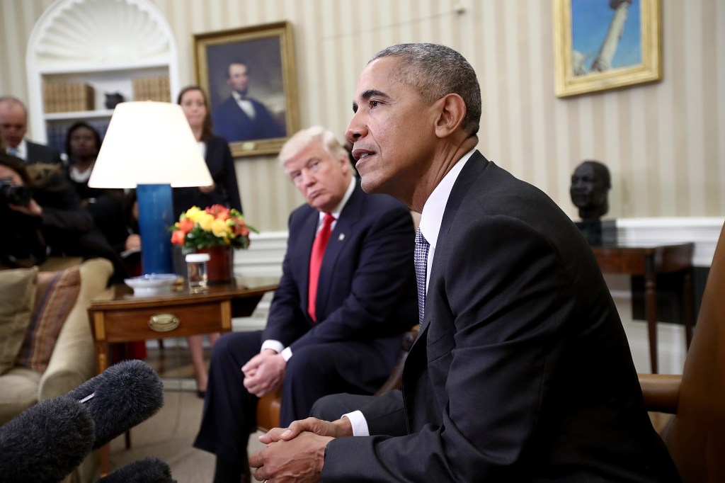President Obama and President-elect Trump meeting in the Oval Office.