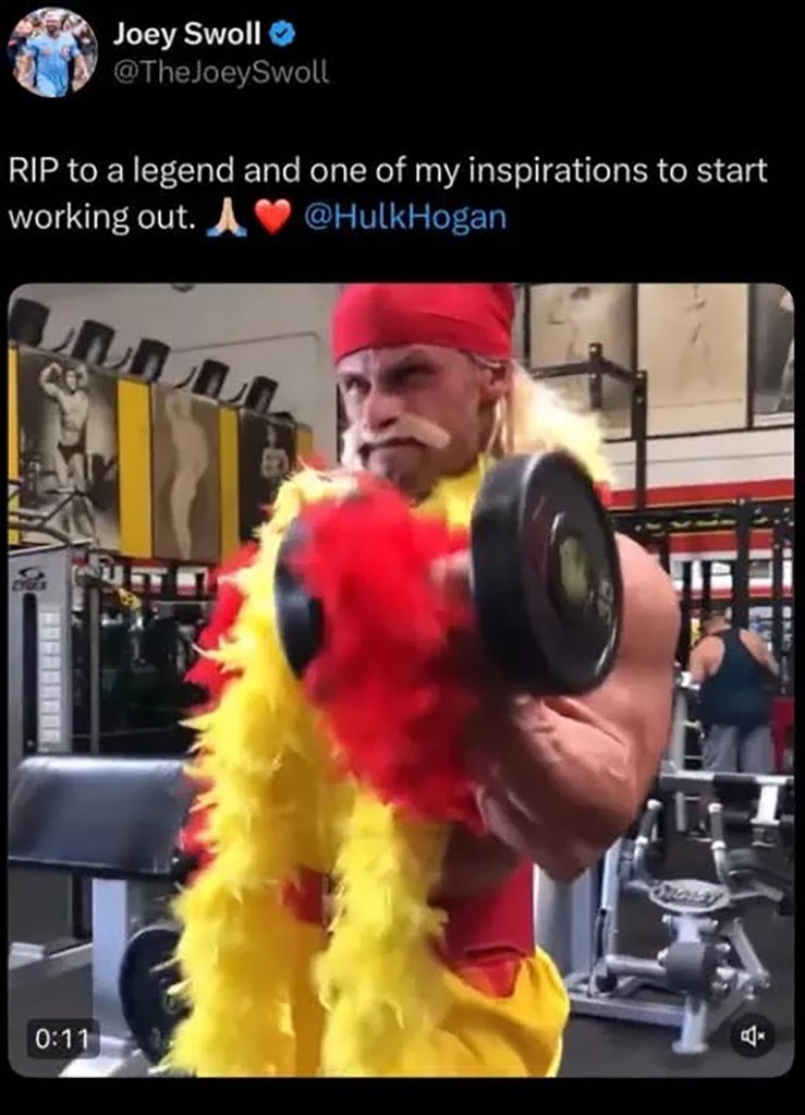 Joey Swoll wears a Hulk Hogan Halloween costume in an old video he reposted to pay tribute to the wrestling icon on July 25, 2025.