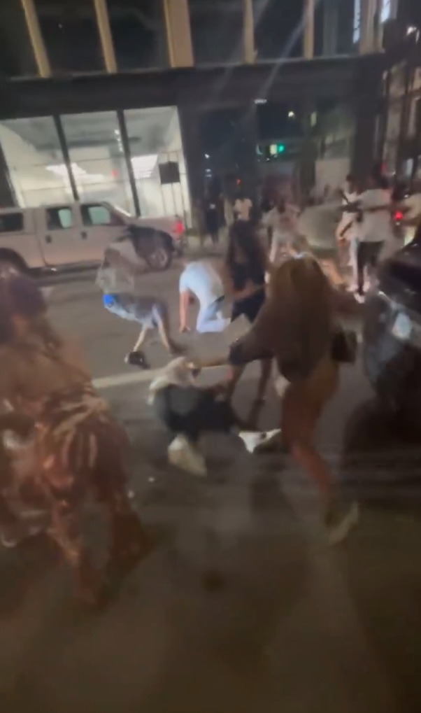 Several people throw punches at others during the chaotic scene.