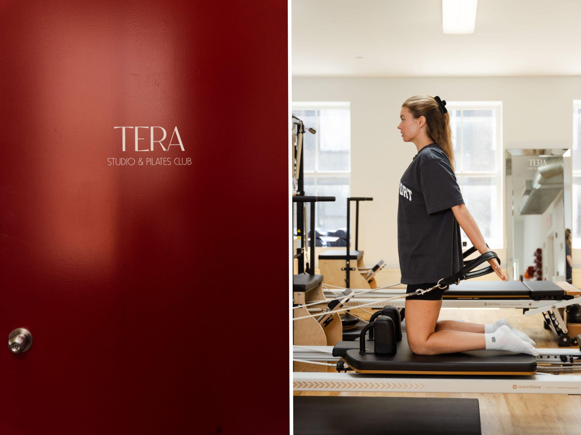 On the left, TERA Studio's red door, and on the right, a woman working out on a pilates machine