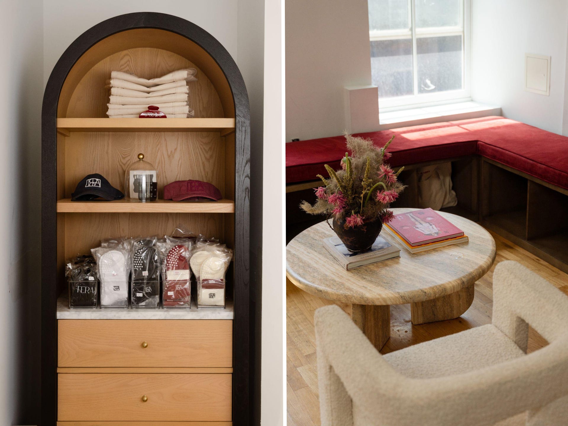 On the left, a cabinet with gym accessories, on the right, Tera's waiting room