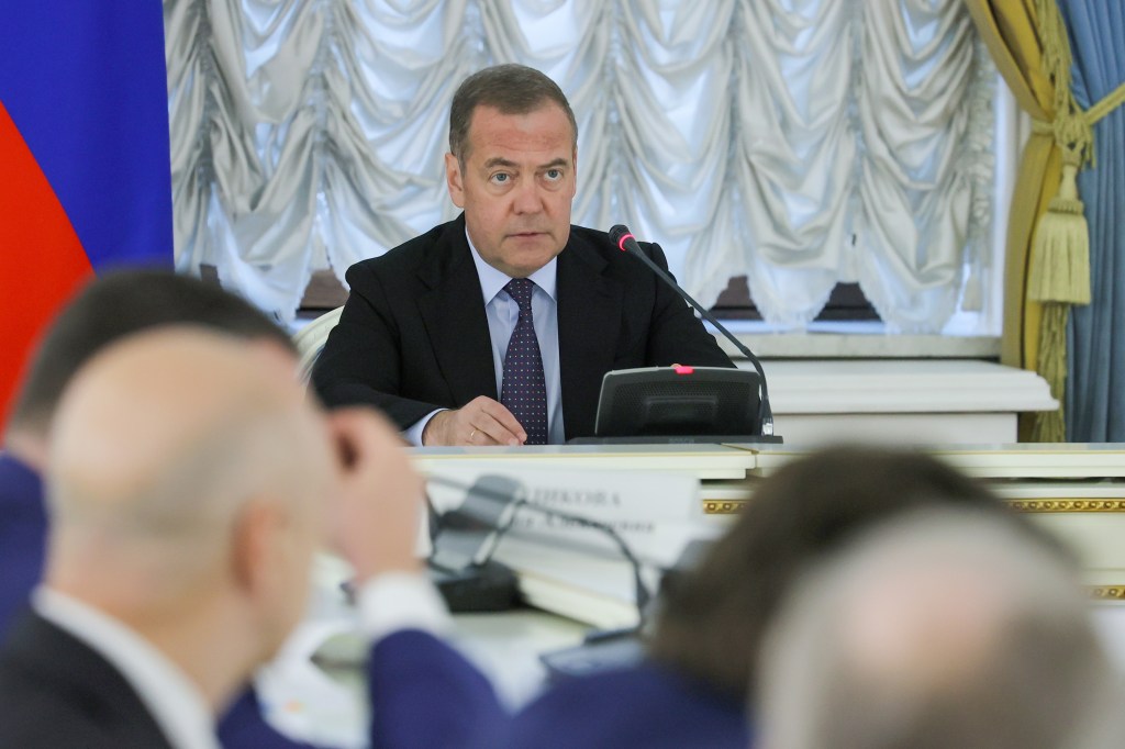 Russia's Security Council Deputy Chairamn Dmitry Medvedev sits in on a meeting in Moscow on July 17, 2025.