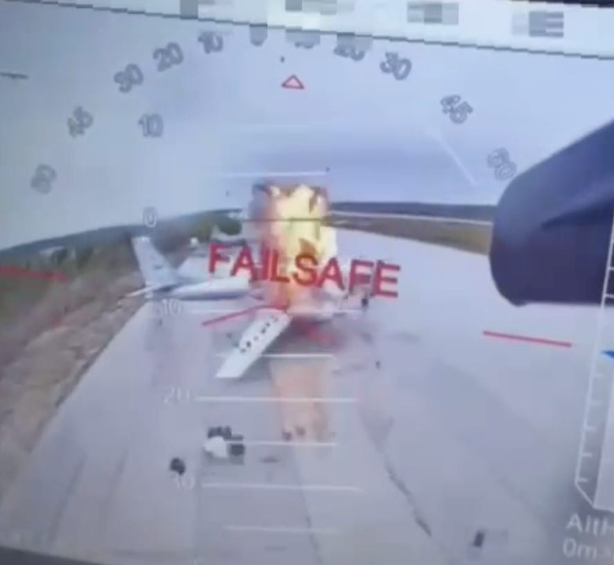 A Ukrainian drone strikes a Russian bomber aircraft on Sunday.