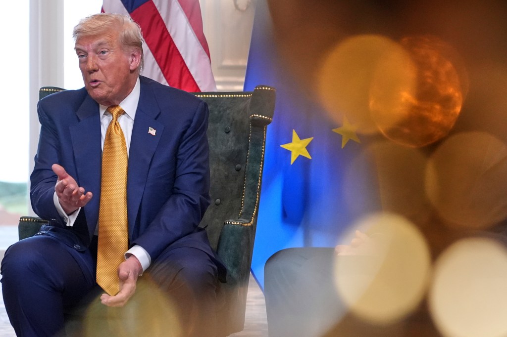 President Donald Trump speaks as he meets European Commission President Ursula von der Leyen at the Trump Turnberry golf course in Turnberry, Scotland Sunday, July 27, 2025.