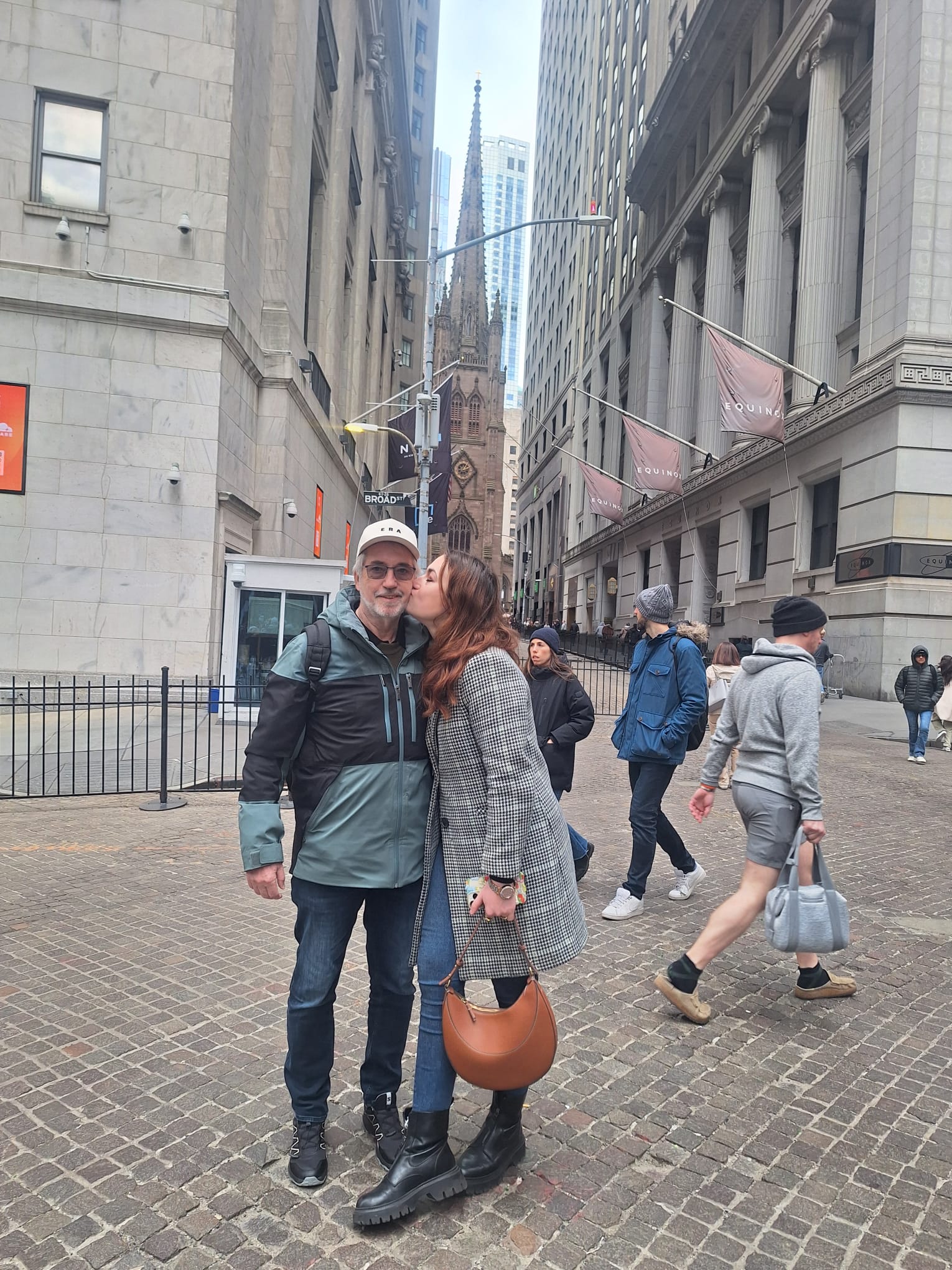 The author with her dad in New York on a city street.