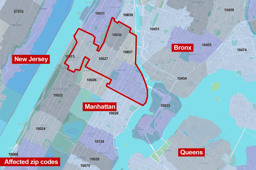 Map of Manhattan zip codes affected by Legionnaires' disease.