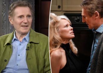 Liam Neeson makes cheeky quip about filming intimate ‘Naked Gun’ scenes with Pamela Anderson
