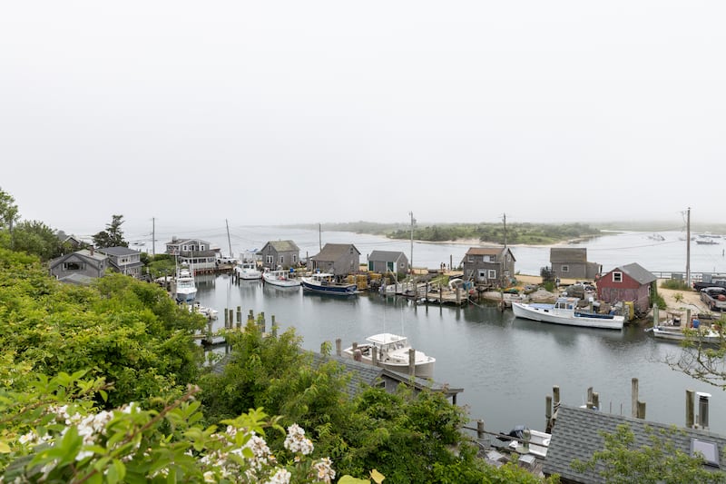 Homes, boats and greenery at Menemsha fishing village, part of the town of Chilmark on Martha's Vineyard.