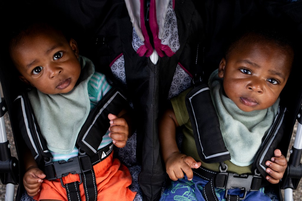 Twin infants in a stroller.