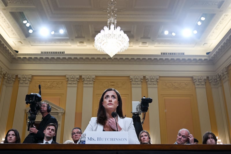 WASHINGTON, DC - JUNE 28: Cassidy Hutchinson, a top former aide to Trump White House Chief of Staff Mark Meadows, testifies during the sixth hearing by the House Select Committee to Investigate the January 6th Attack on the U.S. Capitol in the Cannon House Office Building on June 28, 2022 in Washington, DC. The bipartisan committee, which has been gathering evidence for almost a year related to the January 6 attack at the U.S. Capitol, is presenting its findings in a series of televised hearings. On January 6, 2021, supporters of former President Donald Trump attacked the U.S. Capitol Building during an attempt to disrupt a congressional vote to confirm the electoral college win for President Joe Biden. (Photo by Brandon Bell/Getty Images)