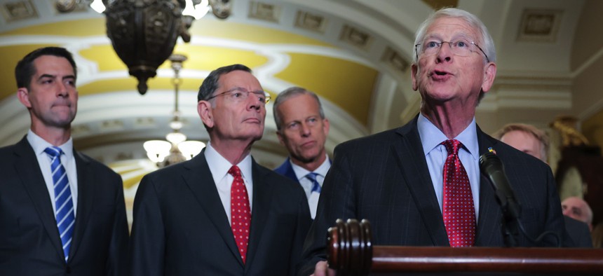 Sen. Roger Wicker, R-Miss., talks to reporters at the U.S. Capitol about the One Big Beautiful Bill Act on June 10, 2025, with Sens. Tom Cotton, R-Ark., left, John Barrasso, R-Wyo., and John Thune, R-S.D.